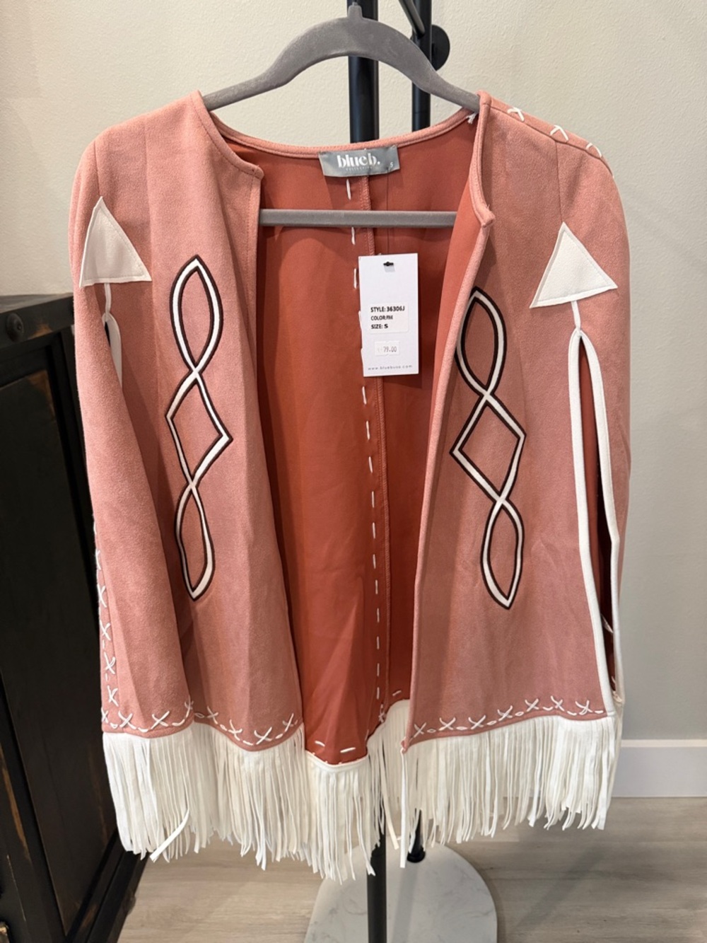 blue.b Pink Fringe Suede Cape Jacket